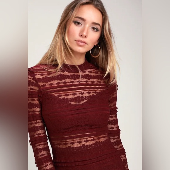 LUSH Reece Burgundy Lace Long Sleeve Bodycon Dress size XS - Picture 4 of 5